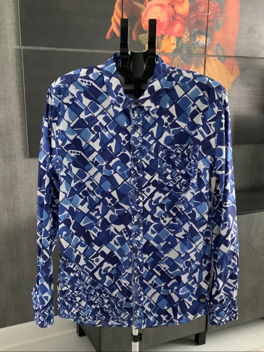 Desigual Blue and White Cotton Geometric Print Button-Down Shirt L